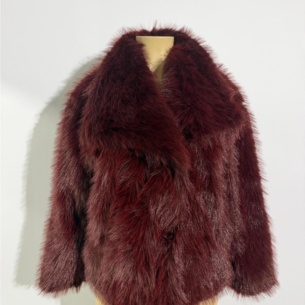 Plush Burgundy Faux Fur Jacket - Women's Coat
